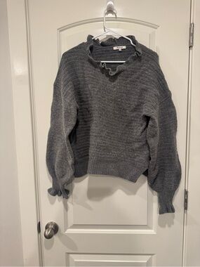 Madewell Heather Gray Ruffle Neck Balloon Sleeve Sweater